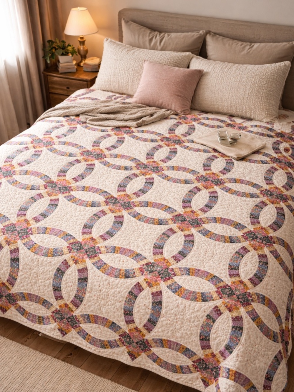Vintage Handmade Quilt Double Wedding Ring Patchwork Blanket Cottagecore